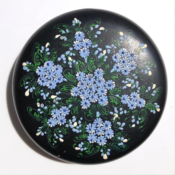 Black Lacquer Round Trinket Box Floral Hand Painted Delicate Blue Flowers AS IS - Picture 8 of 16